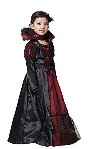 Cloudkids Disfraz Vampiresa de Niña 7-9 Años, Halloween Disfraz de Vampiro Niña Chica, Talla L, Color Rojo y Negro