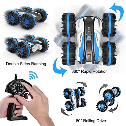 Coche teledirigido 4WD 2.4Ghz 1/18 resistente al agua RC Stunt Auto con mando a distancia de 50 m 360 ° rotación Offroad Auto Recargable Electrónico Vehículo Juegos Regalos (Azul Actualizado)