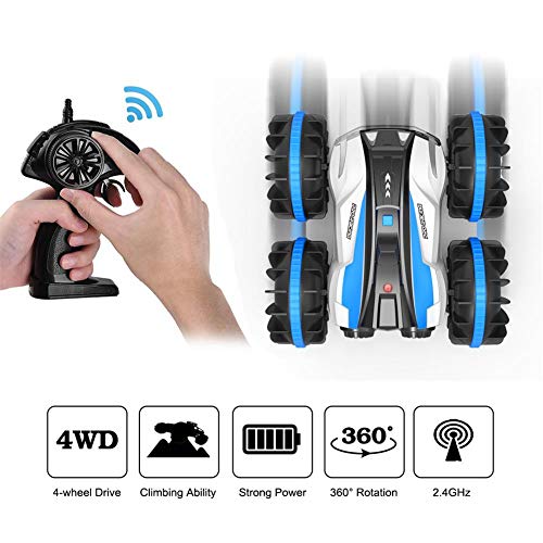 Coche teledirigido 4WD 2.4Ghz 1/18 resistente al agua RC Stunt Auto con mando a distancia de 50 m 360 ° rotación Offroad Auto Recargable Electrónico Vehículo Juegos Regalos (Azul Actualizado)