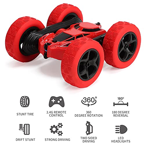 Coche Teledirigido,Control Remoto 4WD,Coche Teledirigido Niña,RC Vehículo con Batería Recargable,4x4 Coche RC , Rotación de Doble Cara, 2.4GHz,Rotación 360° (Red)