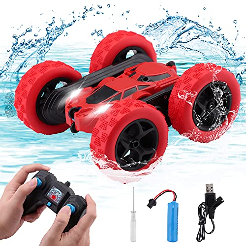 Coche Teledirigido,Control Remoto 4WD,Coche Teledirigido Niña,RC Vehículo con Batería Recargable,4x4 Coche RC , Rotación de Doble Cara, 2.4GHz,Rotación 360° (Red)