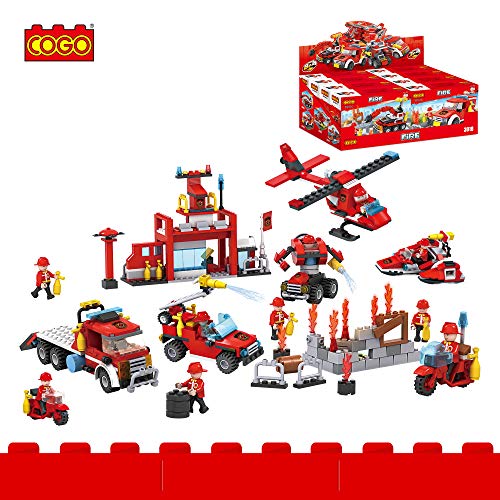 Cogo Juego Bloques de Construcción Pack 8 Paquetes Parque de Bomberos Fire. Incluye Vehículos, Coche, Moto, Camión, Helicóptero, Barco y Robot. Juguete Ideal Niños y Niñas. No Apto Menores de 6 Años.