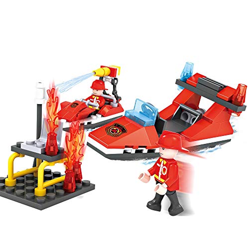 Cogo Juego Bloques de Construcción Pack 8 Paquetes Parque de Bomberos Fire. Incluye Vehículos, Coche, Moto, Camión, Helicóptero, Barco y Robot. Juguete Ideal Niños y Niñas. No Apto Menores de 6 Años.