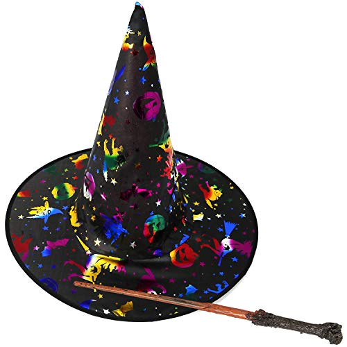 com-four® Disfraz de 2 Piezas de Sombrero de Bruja y Varita mágica para niños - para Fiesta de Disfraces y Halloween (02 Piezas - Sombrero de Bruja + Varita mágica)