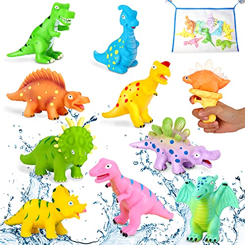 COOJOMMY 10Pcs Juguetes Bañera Bebés, Juguetes de Baño para Bebés Niños con Pistola de Agua y Bolsa de Almacenamiento, Juguetes de Dinosaurios, Juguetes Piscina Playa para Niños