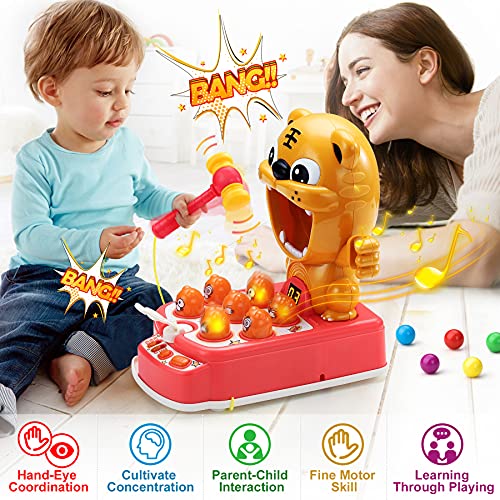 COOJOMMY Juguete de Martillo para Bebé, Mini Juego Arcade Electrónico, Juego de Monedas de Banco con 2 Martillos, Juego Interactivo de Golpear del Tema Tigre Regalo para Niños Niñas Más de Bebé