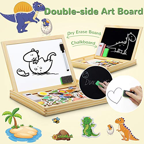 COOLJOY 118 Piezas Puzzles de Madera Magnético, Pizarra Magnética Rompecabezas para Niños 3 4 5 Año ect, Pizarra Magnética Rompecabezas, Tablero de Dibujo de Doble Cara Juguete Educativo（Dinosaurios）