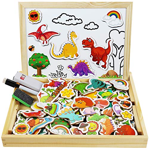 COOLJOY 118 Piezas Puzzles de Madera Magnético, Pizarra Magnética Rompecabezas para Niños 3 4 5 Año ect, Pizarra Magnética Rompecabezas, Tablero de Dibujo de Doble Cara Juguete Educativo（Dinosaurios）