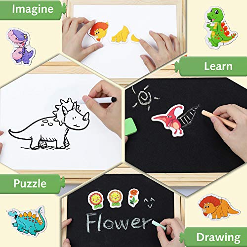 COOLJOY 118 Piezas Puzzles de Madera Magnético, Pizarra Magnética Rompecabezas para Niños 3 4 5 Año ect, Pizarra Magnética Rompecabezas, Tablero de Dibujo de Doble Cara Juguete Educativo（Dinosaurios）