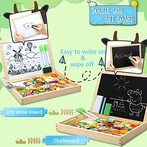 COOLJOY Puzzles de Madera Magnético, Puzzles Rompecabezas Magnéticos de Madera, Tablero de Dibujo de Doble Cara Juguete Educativo para Niños Niñas Mayores de 3 Años con Funda de Tiza 100 PCS