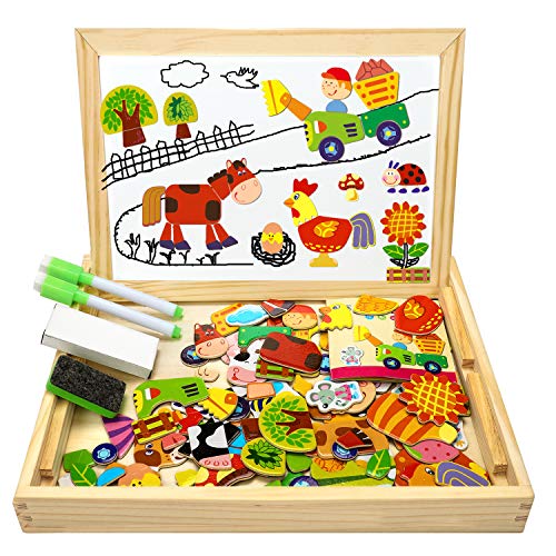 COOLJOY Puzzles de Madera Magnético, Puzzles Rompecabezas Magnéticos de Madera, Tablero de Dibujo de Doble Cara Juguete Educativo para Niños Niñas Mayores de 3 Años con Funda de Tiza 100 PCS