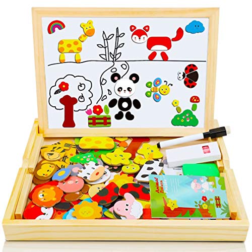 COOLJOY Puzzles de Madera Magnético, Tablero de Dibujo de Doble Cara, Puzzles Rompecabezas Magnéticos de Madera para Niños Niñas Juguete Educativo (Animales)