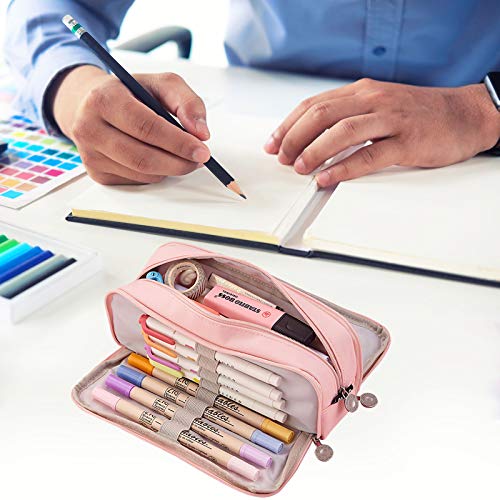 Coolzon Estuche Escolar con 3 Compartimentos, Estuches de Lápices de Gran Capacidad Estuche Organizador Portalapices Neceser Maquillaje para Niñas Niños Adolescentes Estudiantes Adultos, Rosado