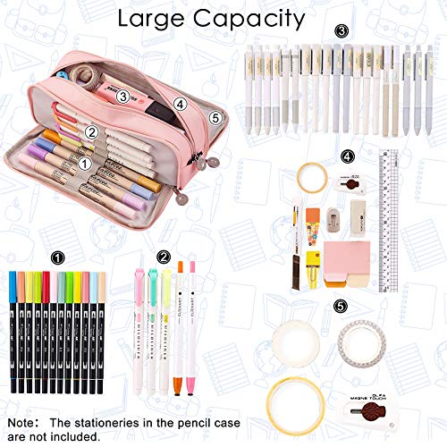 Coolzon Estuche Escolar con 3 Compartimentos, Estuches de Lápices de Gran Capacidad Estuche Organizador Portalapices Neceser Maquillaje para Niñas Niños Adolescentes Estudiantes Adultos, Rosado