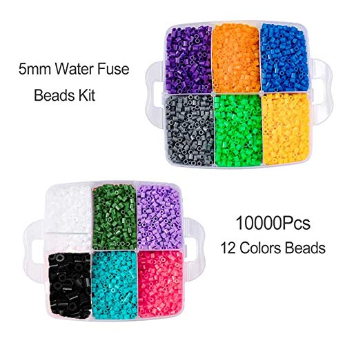 Coriver Kit de Cuentas de fusibles de Agua de 5 mm, 10000 Cuentas de Hierro de 12 Colores con 6 tableros de Clavijas, 2 Pinzas, 6 Papel de Planchar, Cuentas de perler para Hacer Joyas para niños