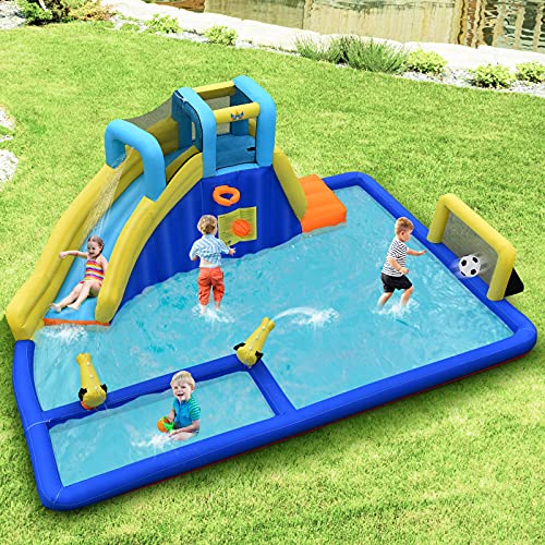 COSTWAY Casa Inflable Acuática, Castillo Inflable 6 en 1 con Rociador de Agua y Tobogán, Parque Acuático Inflable y Duradero para Uso Seco y Mojado, Bolsa de Rransporte