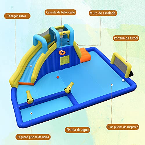 COSTWAY Casa Inflable Acuática, Castillo Inflable 6 en 1 con Rociador de Agua y Tobogán, Parque Acuático Inflable y Duradero para Uso Seco y Mojado, Bolsa de Rransporte