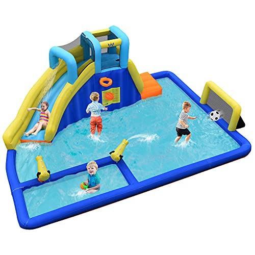 COSTWAY Casa Inflable Acuática, Castillo Inflable 6 en 1 con Rociador de Agua y Tobogán, Parque Acuático Inflable y Duradero para Uso Seco y Mojado, Bolsa de Rransporte