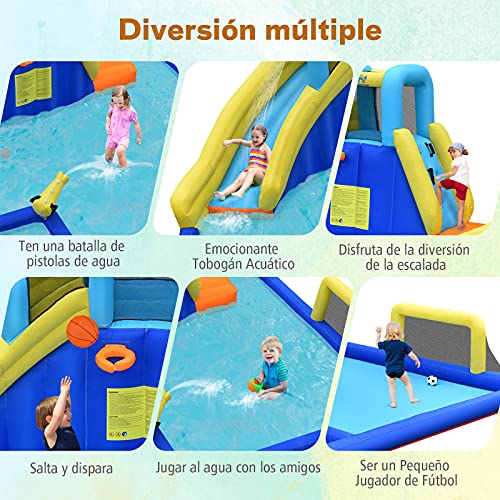 COSTWAY Casa Inflable Acuática, Castillo Inflable 6 en 1 con Rociador de Agua y Tobogán, Parque Acuático Inflable y Duradero para Uso Seco y Mojado, Bolsa de Rransporte