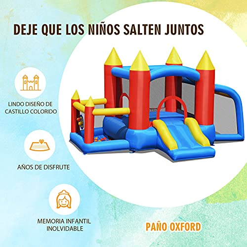 COSTWAY Castillo Hinchable con Tobogán para Niños con Soplador de Centro de Juego con 60 Pelotas Oceánicas,Portería de Fútbol,Bolsa de Transporte para Parque Patio Jardín Exterior