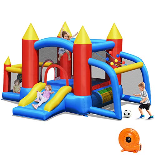 COSTWAY Castillo Hinchable con Tobogán para Niños con Soplador de Centro de Juego con 60 Pelotas Oceánicas,Portería de Fútbol,Bolsa de Transporte para Parque Patio Jardín Exterior