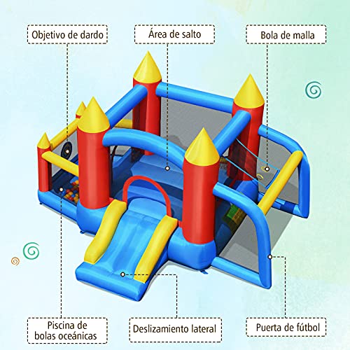 COSTWAY Castillo Hinchable con Tobogán para Niños con Soplador de Centro de Juego con 60 Pelotas Oceánicas,Portería de Fútbol,Bolsa de Transporte para Parque Patio Jardín Exterior