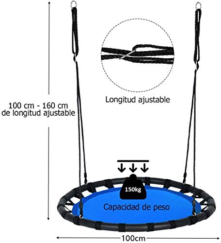 COSTWAY Columpio Nido de Ø100cm Columpio Redondo 100-160cm Cuerda Ajustable Carga hasta 150kg para Interior y Exterior Jardín Parque (Azul)