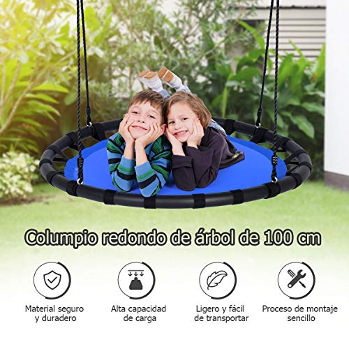 COSTWAY Columpio Nido de Ø100cm Columpio Redondo 100-160cm Cuerda Ajustable Carga hasta 150kg para Interior y Exterior Jardín Parque (Azul)