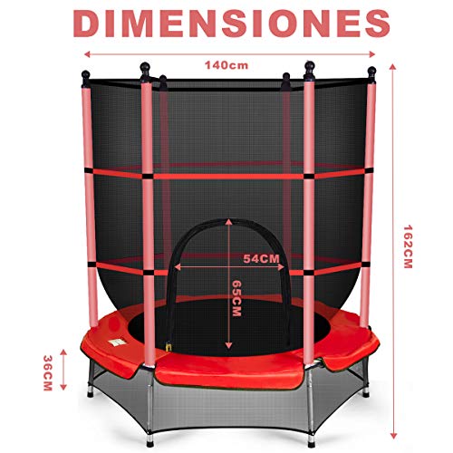 COSTWAY Trampolín de Ø140cm Cama Elástica de Jardín Trampolín para Niños con Red de Protección para Exterior Inteiror Patio