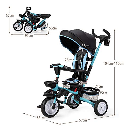 COSTWAY Triciclo para Niños Multiuso con Techo Ajustable y Extraíble Cinturón de Seguridad Silla de Paseo con Varilla de Empuje y Pedal Plegable para Niños de 12 a 50 Meses (Azul)