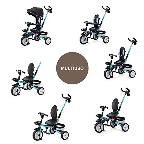 COSTWAY Triciclo para Niños Multiuso con Techo Ajustable y Extraíble Cinturón de Seguridad Silla de Paseo con Varilla de Empuje y Pedal Plegable para Niños de 12 a 50 Meses (Azul)