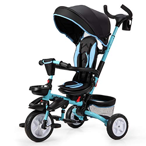 COSTWAY Triciclo para Niños Multiuso con Techo Ajustable y Extraíble Cinturón de Seguridad Silla de Paseo con Varilla de Empuje y Pedal Plegable para Niños de 12 a 50 Meses (Azul)