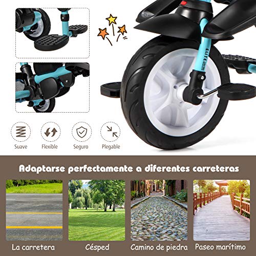 COSTWAY Triciclo para Niños Multiuso con Techo Ajustable y Extraíble Cinturón de Seguridad Silla de Paseo con Varilla de Empuje y Pedal Plegable para Niños de 12 a 50 Meses (Azul)