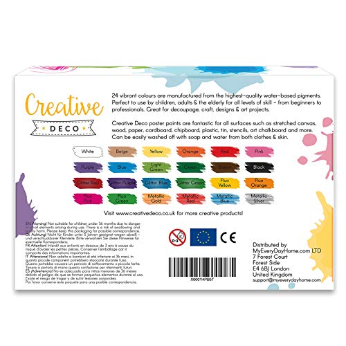 Creative DECO Temperas para Niños Lavable Pintura Dedos Bebes | 24 x 20 ml Botes | No Tóxica | Colores Básicos Fluorescentes Brillantes Metálicos y Neón Principiantes y Artistas