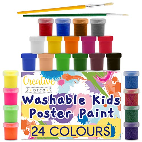 Creative DECO Temperas para Niños Lavable Pintura Dedos Bebes | 24 x 20 ml Botes | No Tóxica | Colores Básicos Fluorescentes Brillantes Metálicos y Neón Principiantes y Artistas