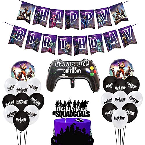 CYSJ 24 Pcs Suministros de Fiesta de cumpleaños,Decoraciones para Cumpleaños de Tema de Videojuegos para Fiesta Infantil Incluye Globos, Pancartas,Adorno de Torta