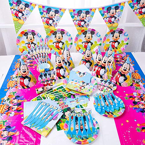 CYSJ 48PCS Set de Fiesta de cumpleaños de Mickey Disney Mickey Mouse Party Decoration Set para 6 Invitados Platos Tazas Servilletas Pack de Fiesta Mickey Mantel Sirve