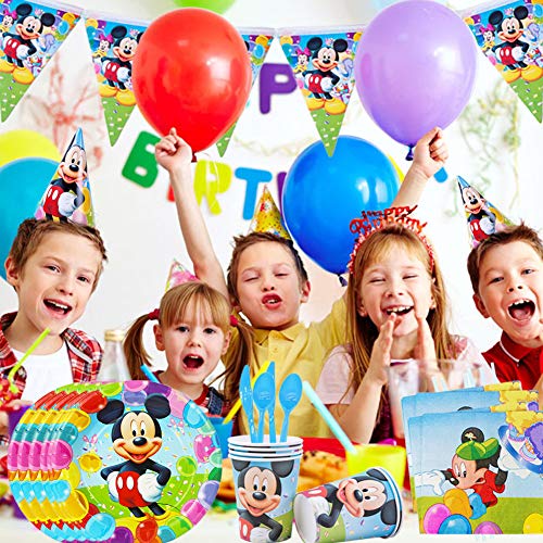 CYSJ 48PCS Set de Fiesta de cumpleaños de Mickey Disney Mickey Mouse Party Decoration Set para 6 Invitados Platos Tazas Servilletas Pack de Fiesta Mickey Mantel Sirve