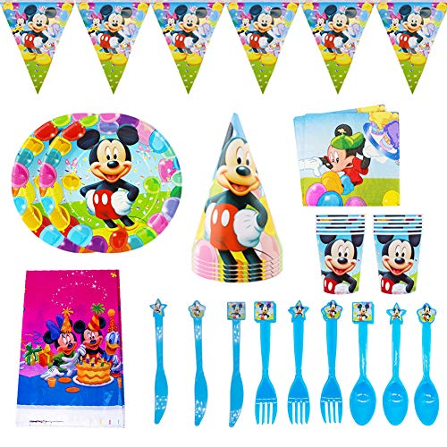 CYSJ 48PCS Set de Fiesta de cumpleaños de Mickey Disney Mickey Mouse Party Decoration Set para 6 Invitados Platos Tazas Servilletas Pack de Fiesta Mickey Mantel Sirve