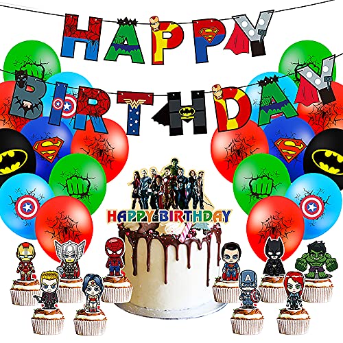 CYSJ Suministros de Fiesta Temáticos de Los Vengadores, 27 Pcs Decoraciones de Fiesta de cumpleaños de superhéroe, Equipo Americano Spider-Man del Pancarta,Decoracion Cumpleaños Superheroes