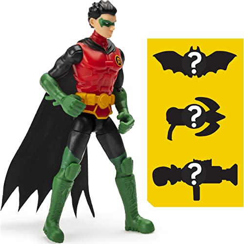 dc comics, 4-Inch Action with 3 Mystery Accessories, Mission 2 Figura de acción de Robin de Batman de 10 cm con Tarjeta de misión y 3 Equipos Secretos, Color Gris (Spin Master 6056746)