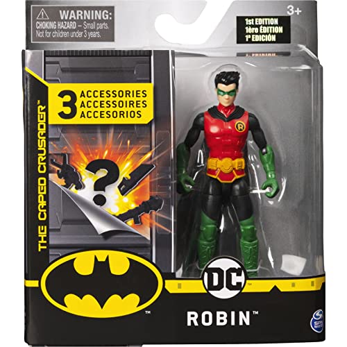 dc comics, 4-Inch Action with 3 Mystery Accessories, Mission 2 Figura de acción de Robin de Batman de 10 cm con Tarjeta de misión y 3 Equipos Secretos, Color Gris (Spin Master 6056746)