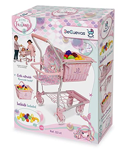 DE CUEVAS TOYS- Carro DE Compra Ocean Fantasy con PORTABEBE Y 12 Frutas 50X30X62 CM, Multicolor (1)