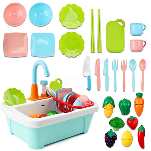 deAO 28pcs Juego de Fregadero de Cocina con Simulación de Lavar Incluye Juguetes para Cortar, Utensilios de Cocina, Grifo de Agua y Desagüe - Ideal para niños y niñas