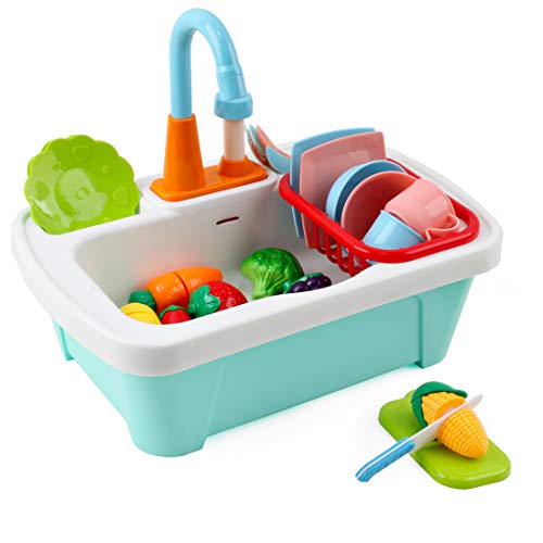 deAO 28pcs Juego de Fregadero de Cocina con Simulación de Lavar Incluye Juguetes para Cortar, Utensilios de Cocina, Grifo de Agua y Desagüe - Ideal para niños y niñas