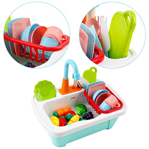 deAO 28pcs Juego de Fregadero de Cocina con Simulación de Lavar Incluye Juguetes para Cortar, Utensilios de Cocina, Grifo de Agua y Desagüe - Ideal para niños y niñas