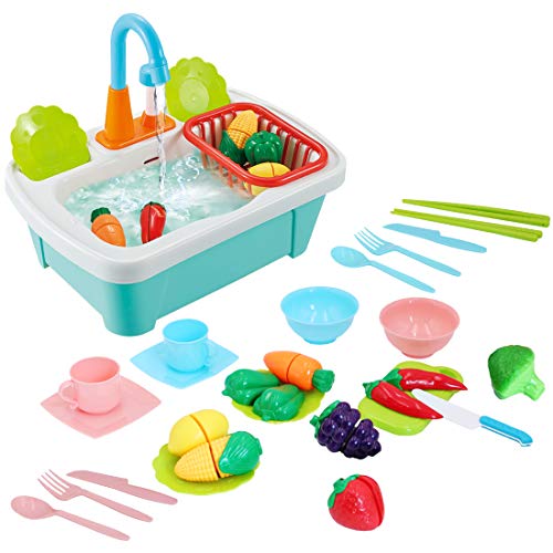 deAO 28pcs Juego de Fregadero de Cocina con Simulación de Lavar Incluye Juguetes para Cortar, Utensilios de Cocina, Grifo de Agua y Desagüe - Ideal para niños y niñas