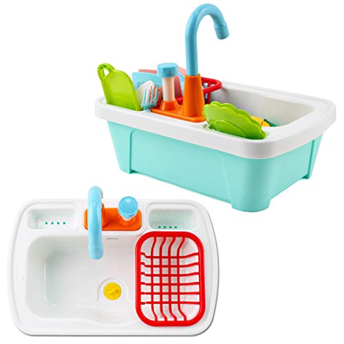 deAO 28pcs Juego de Fregadero de Cocina con Simulación de Lavar Incluye Juguetes para Cortar, Utensilios de Cocina, Grifo de Agua y Desagüe - Ideal para niños y niñas