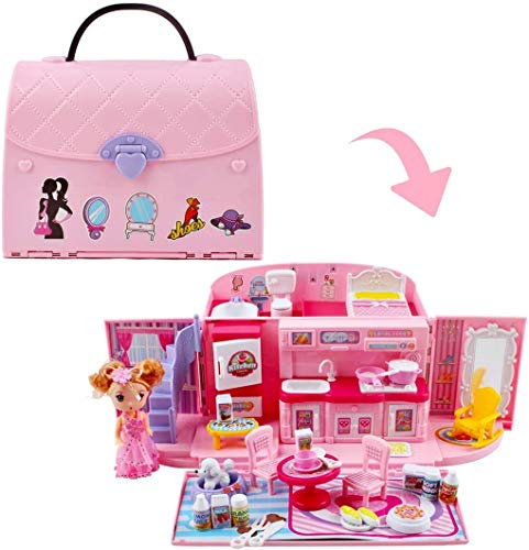 deAO Bolso de Mano con Casita de Muñecas Incorporada Conjunto 2en1 Portátil Diseño con Cerradura y Asa, Casa Incluye Muñeca y Muebles a Medida