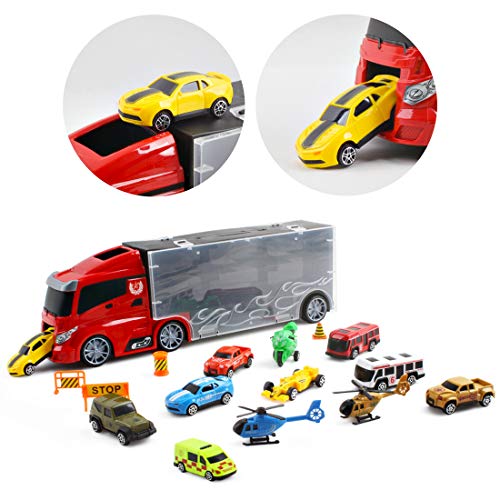 deAO Camión Transportador Maletín Portacoches Conjunto Playset Incluye Surtido Total de 12 Vehiculos y Accesorios